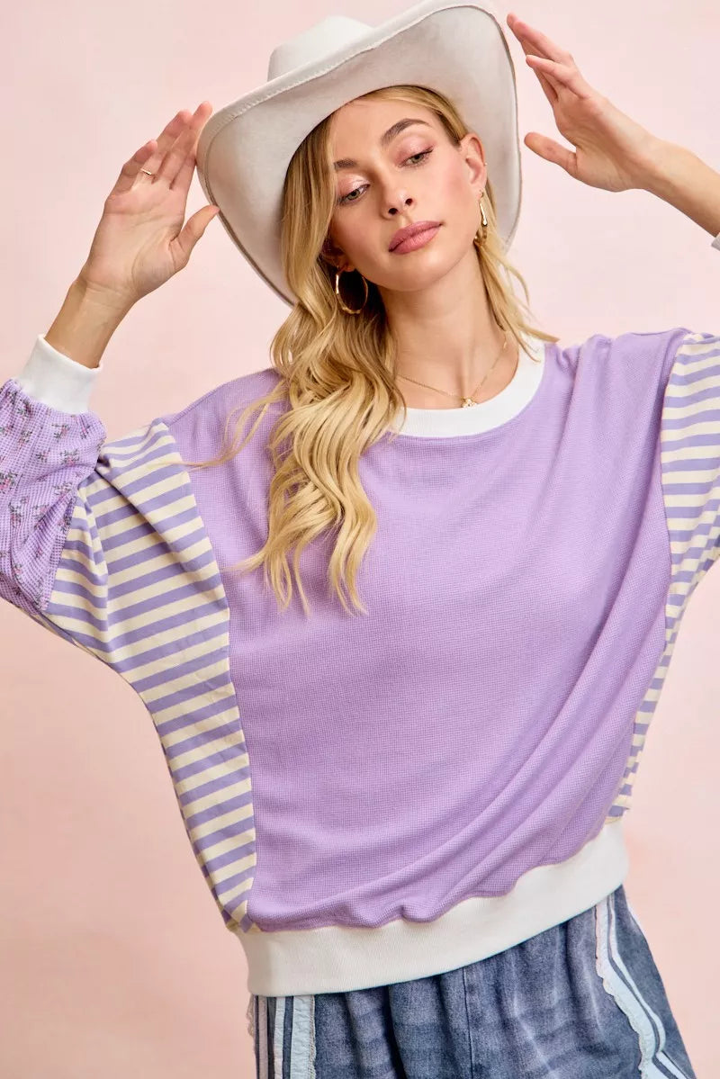 BiBi Mix and Match Sweatshirt with Floral Sleeve Striped Trendsi