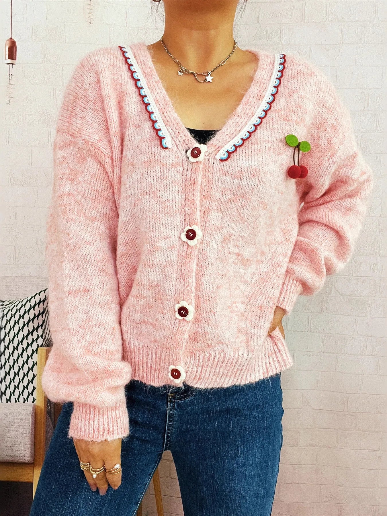 Cherry Button-Front Long Sleeve Cardigan