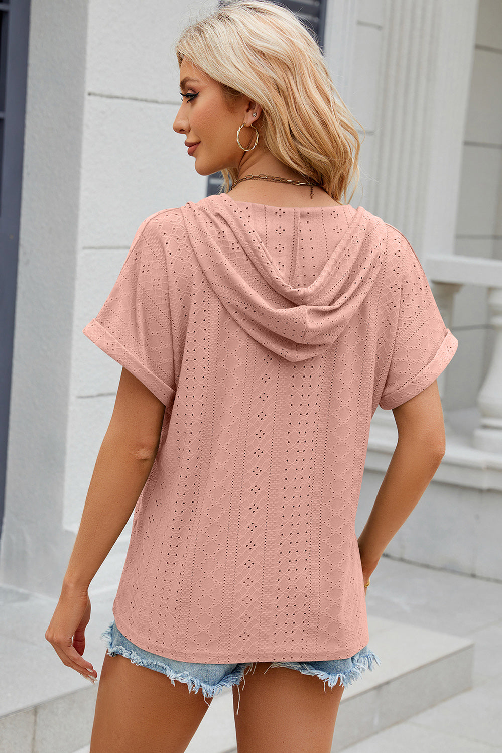 Eyelet Drawstring Hooded Short Sleeve Blouse nicholesgifts