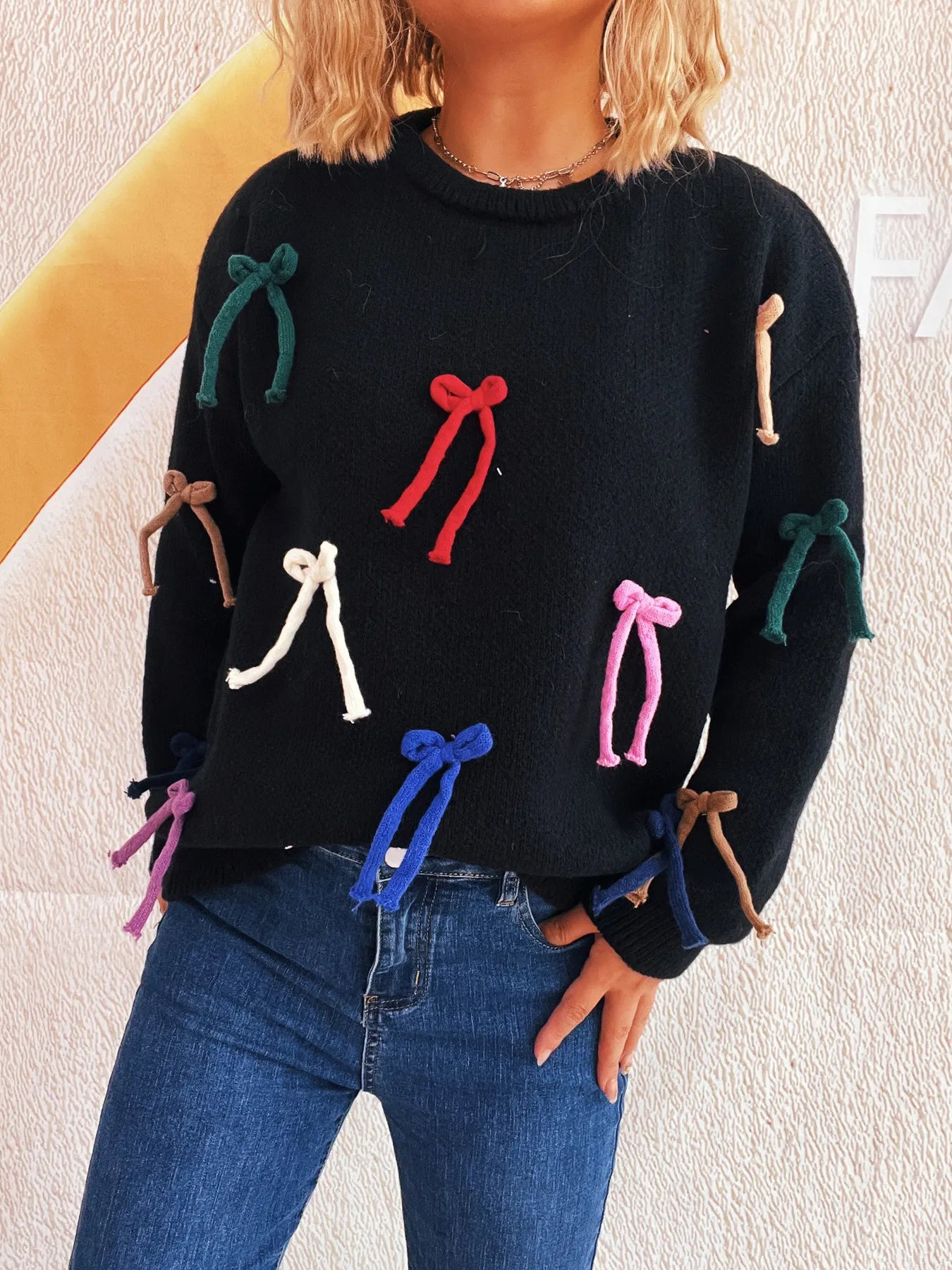 Colorful Bow Round Neck Sweater