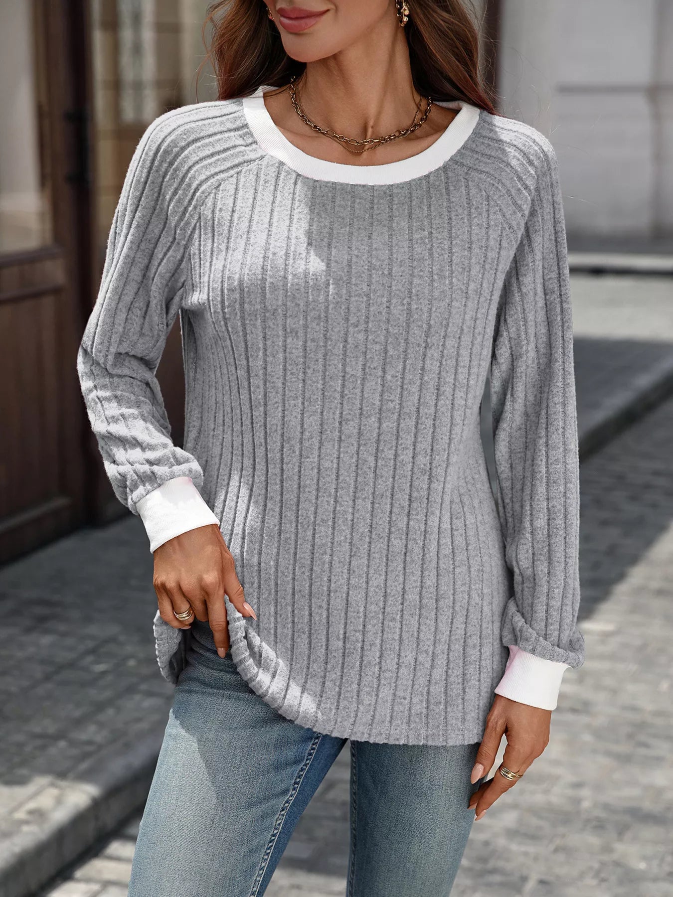 Ribbed Round Neck Raglan Sleeve Knit Top Trendsi