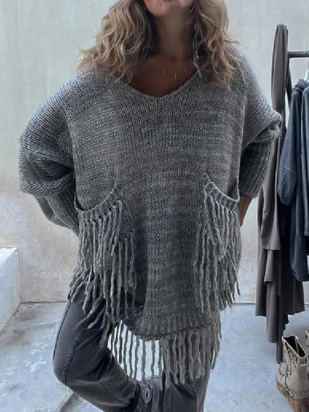 Fringe Detail Long Sleeve Sweater with Pockets Trendsi