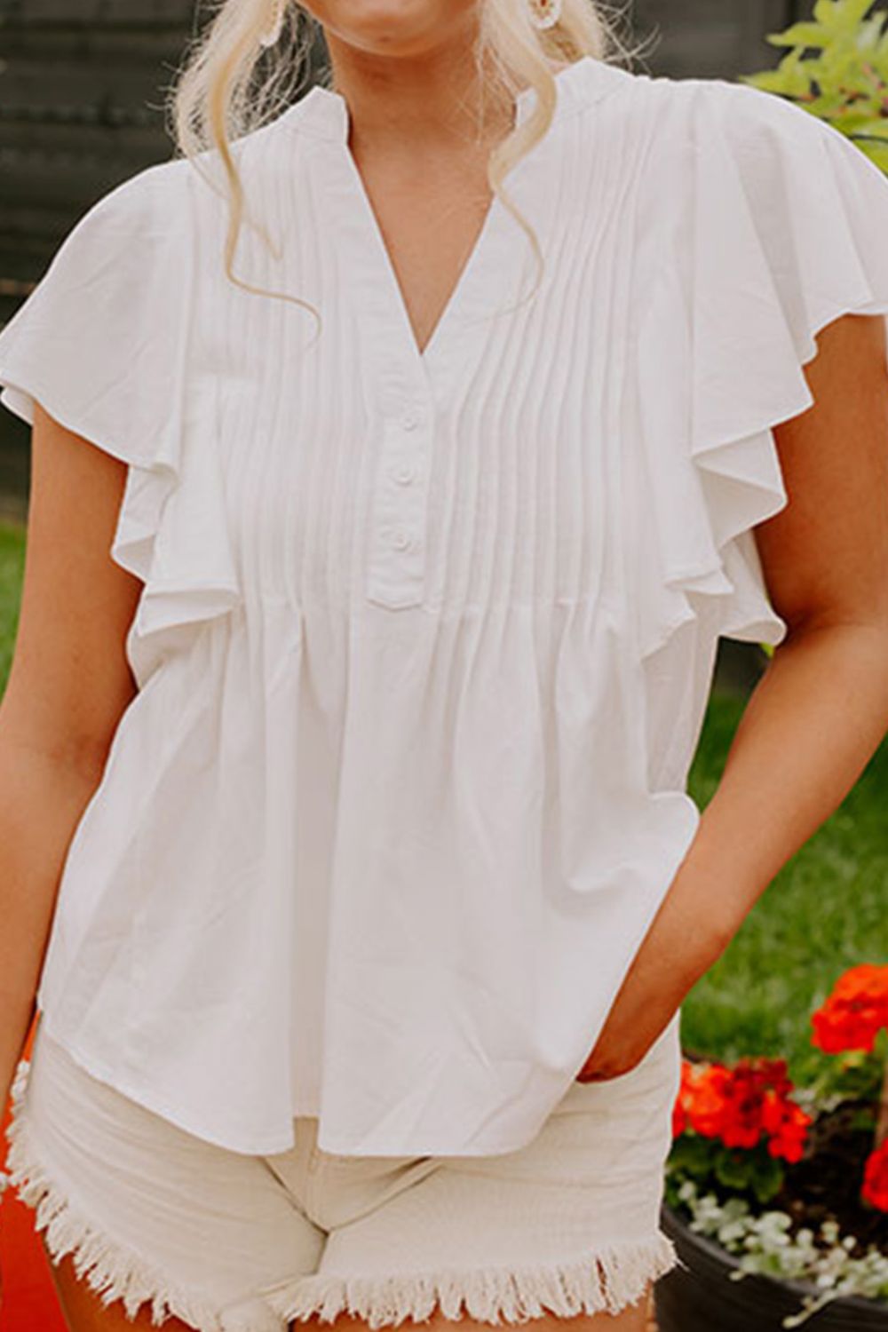 Pleated V-Neck Cap Sleeve Blouse nicholesgifts