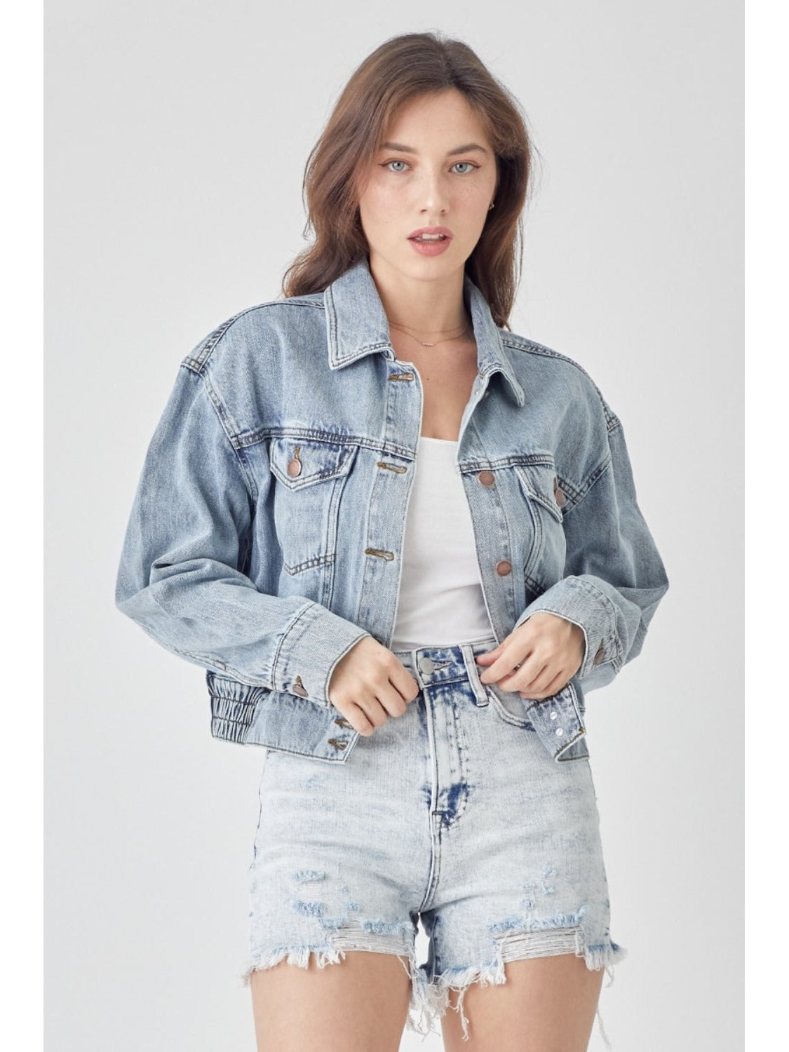 RISEN Full Size Button Down Cropped Denim Jacket nicholesgifts