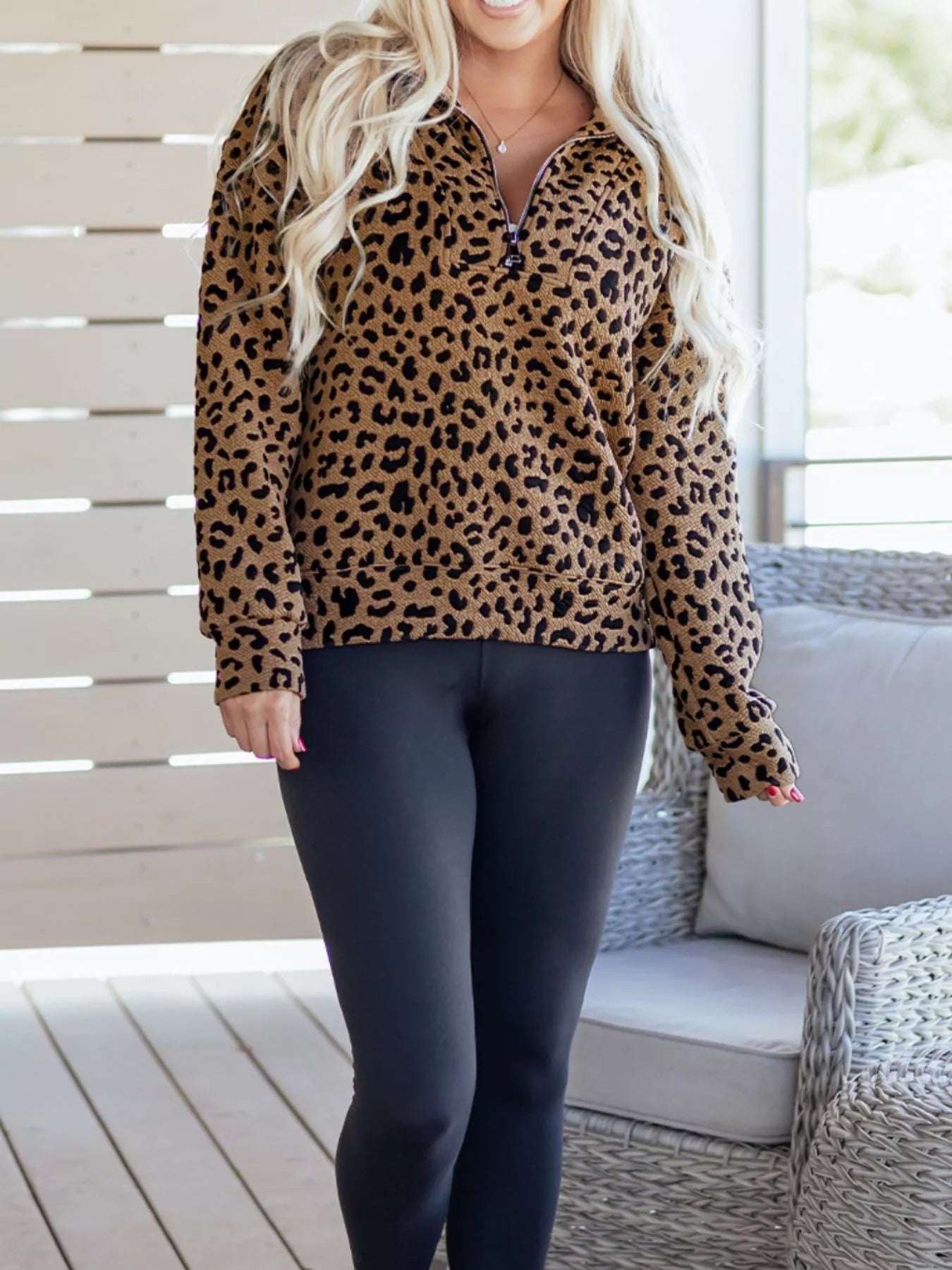 Leopard Print Quarter Zip Sweatshirt Trendsi