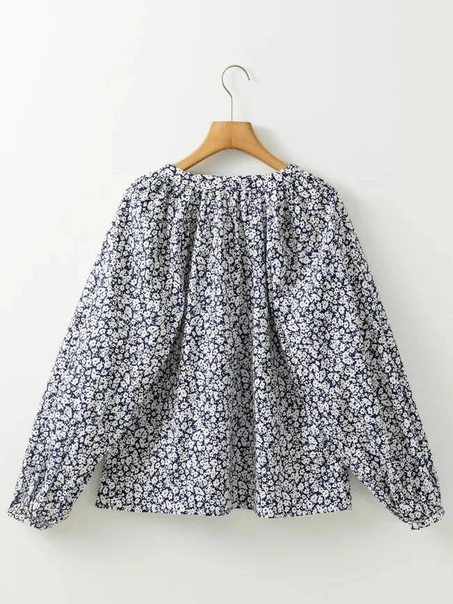 Floral Print Notched Long Sleeve Blouse NicholesGifts