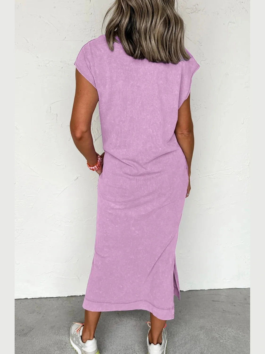 Side Split Round Neck Cap Sleeve T-Shirt Dress NicholesGifts