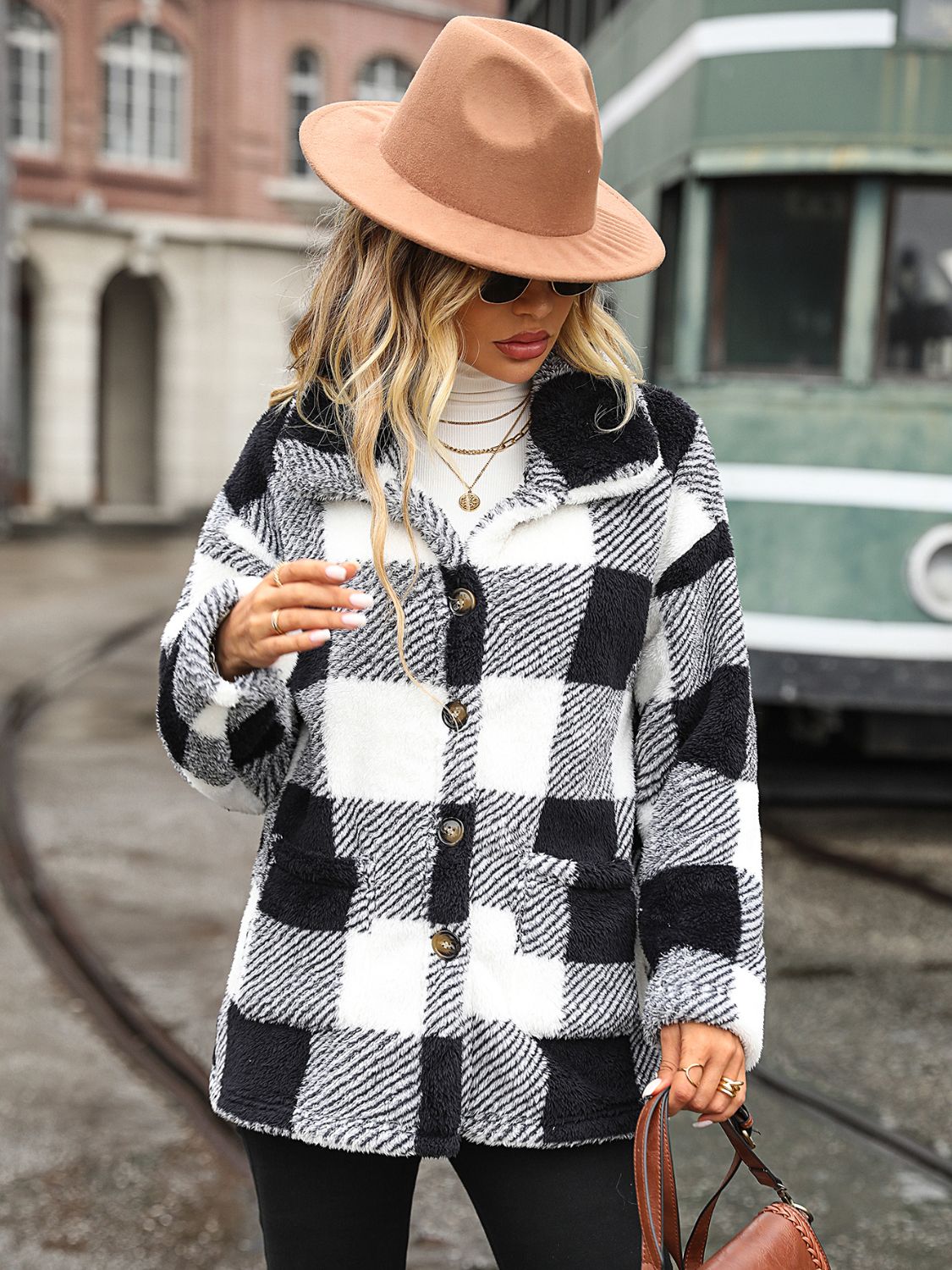 Plaid Collared Neck Button Down Jacket nicholesgifts