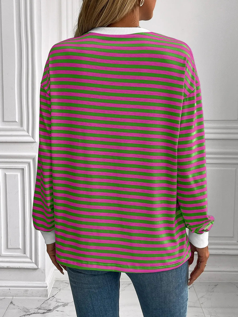 Ivy Lane Striped Round Neck Long Sleeve Sweatshirt Trendsi