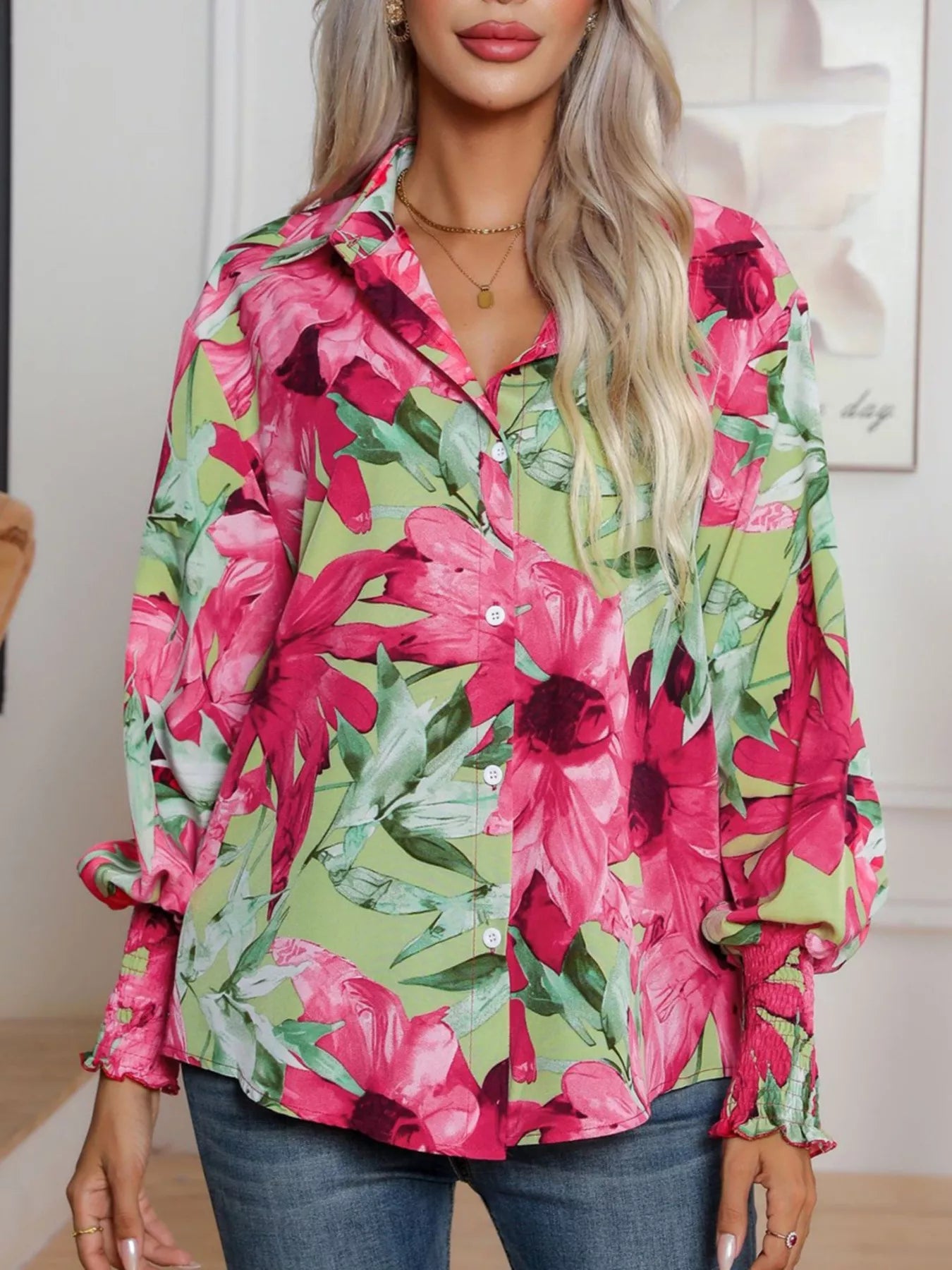 Printed Button Up Long Sleeve Shirt NicholesGifts