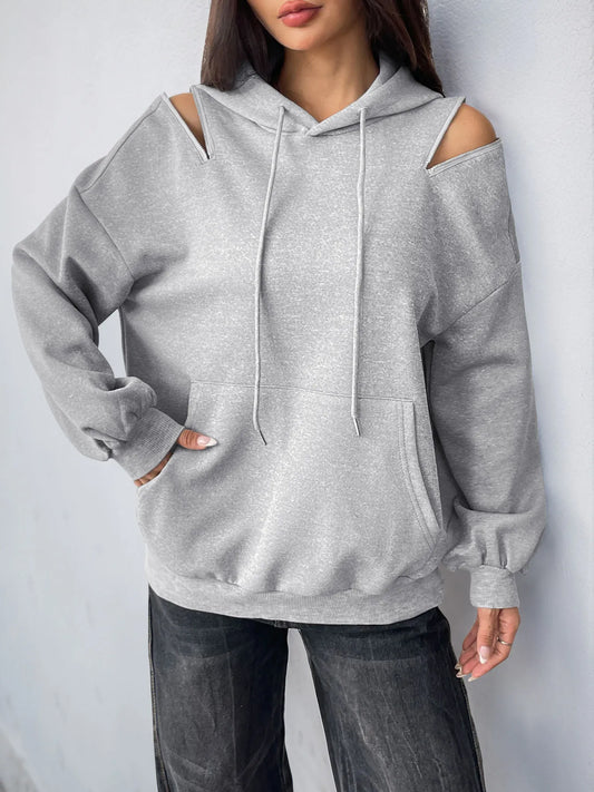 Drawstring Zip Detail Cold Shoulder Hoodie