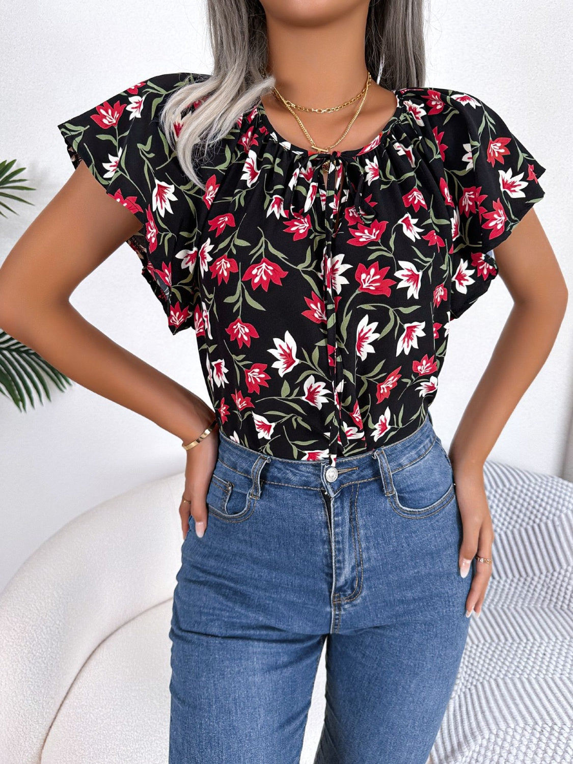 Floral Tie Neck Flutter Sleeve Blouse nicholesgifts