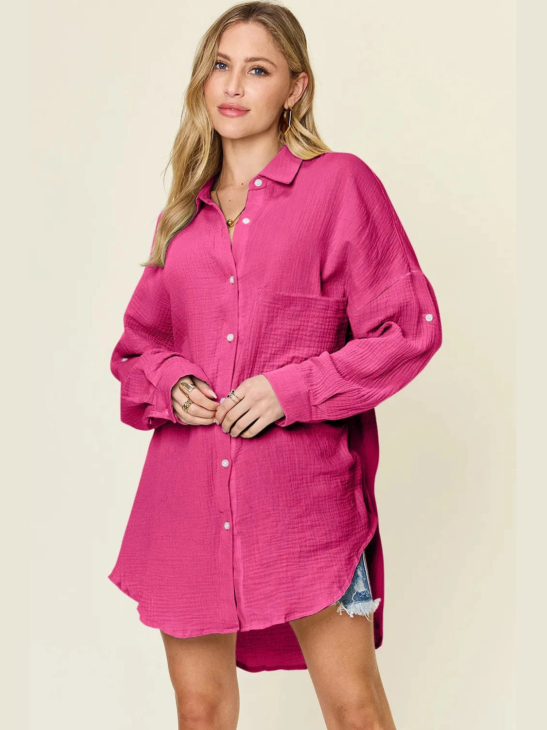 Double Take Full Size Pocketed Texture Button Up Shirt