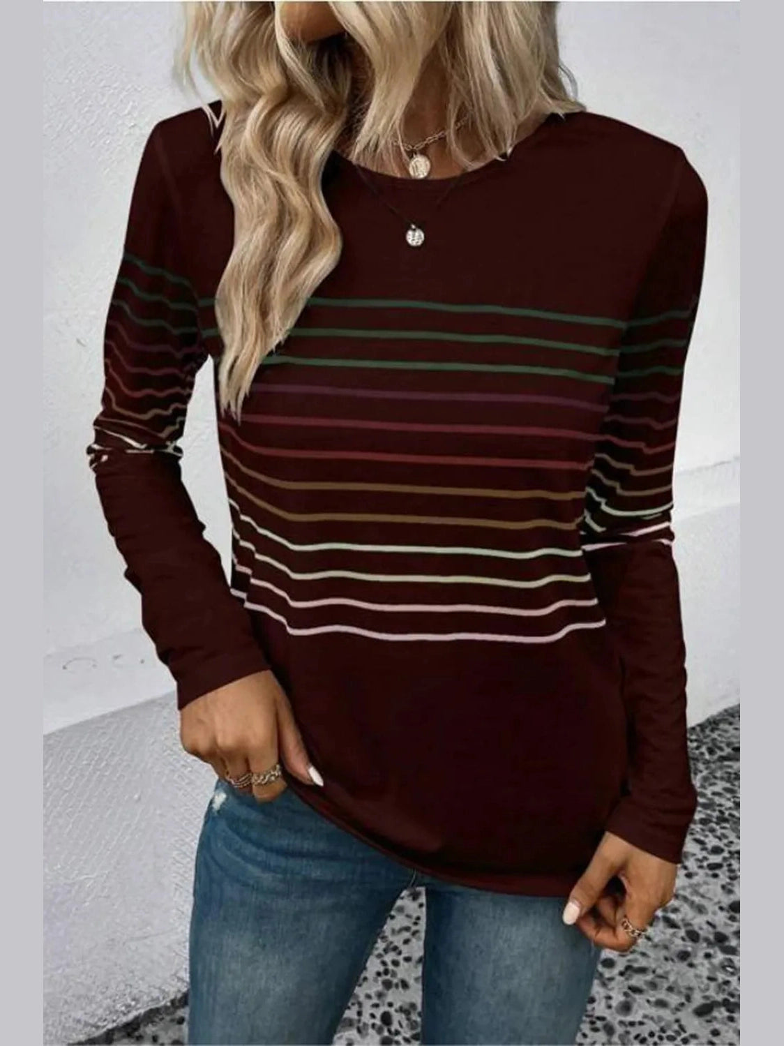 Striped Round Neck Long Sleeve T-Shirt nicholesgifts
