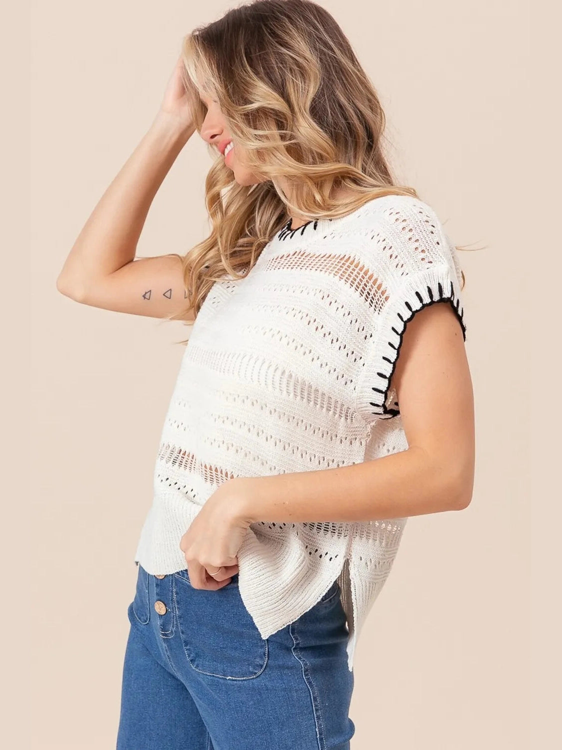 BiBi Stitch Edge Pointelle Side Slit Sweater Vest nicholesgifts