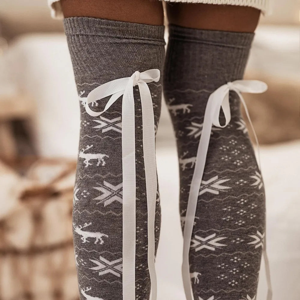 Christmas Element Bowknot Ribbed Trim Over Knee Stockings Trendsi