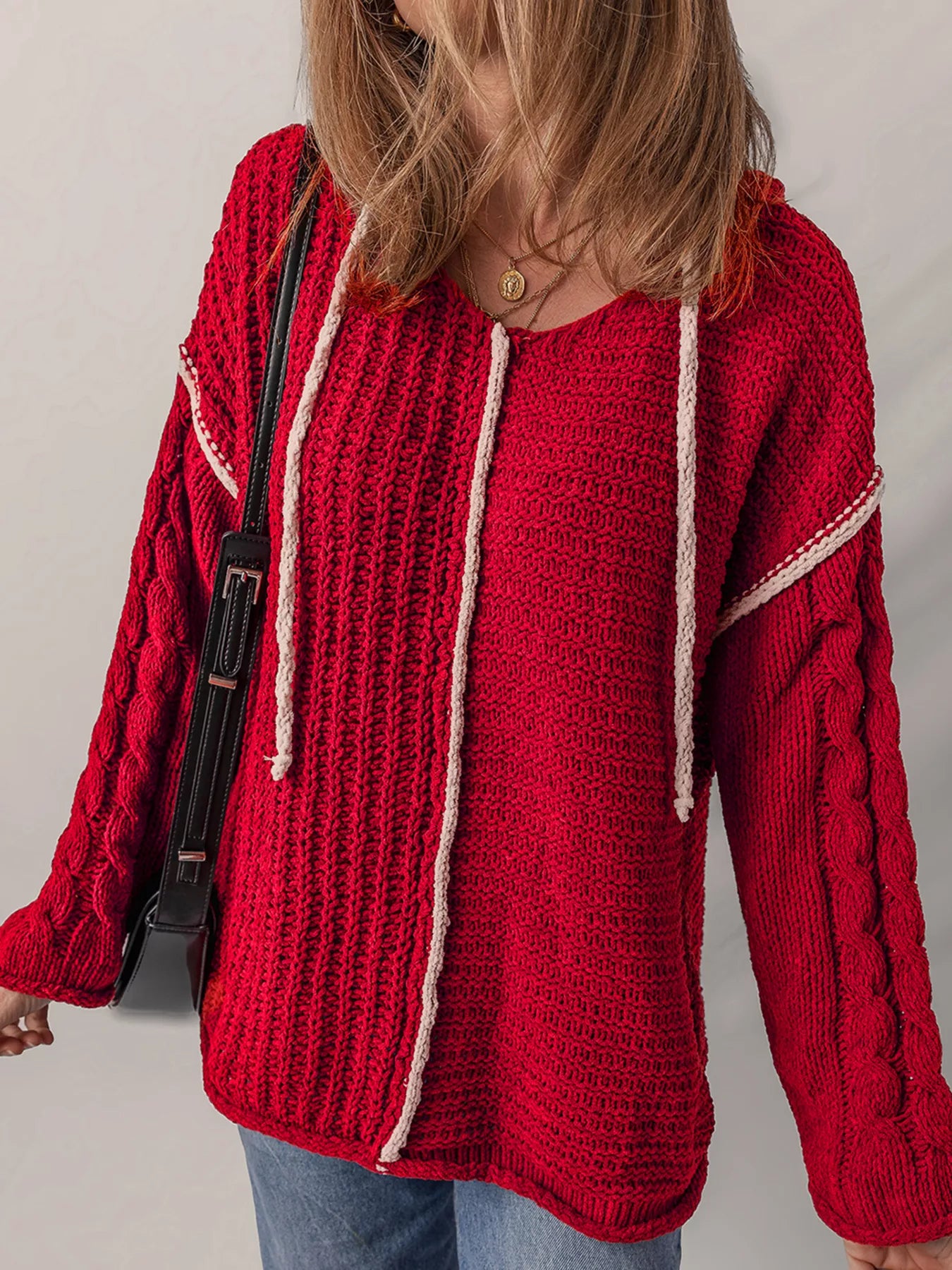 Contrast Trim Textured Knit Drawstring Hooded Sweater