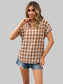 Plaid Notched Short Sleeve Blouse nicholesgifts
