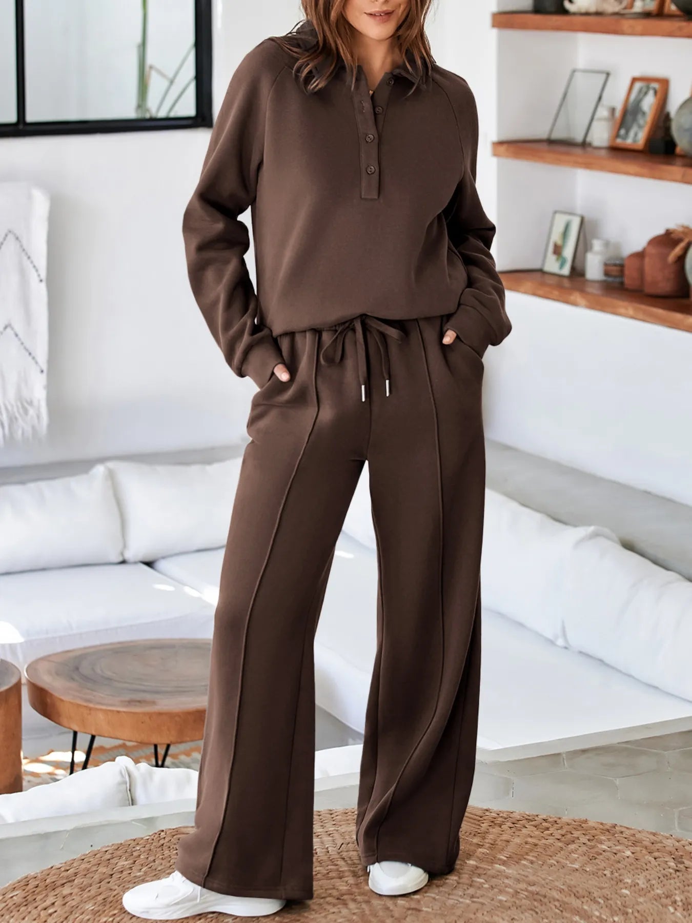 Collared Sweatshirt and High Waist Pants Active Set nicholesgifts