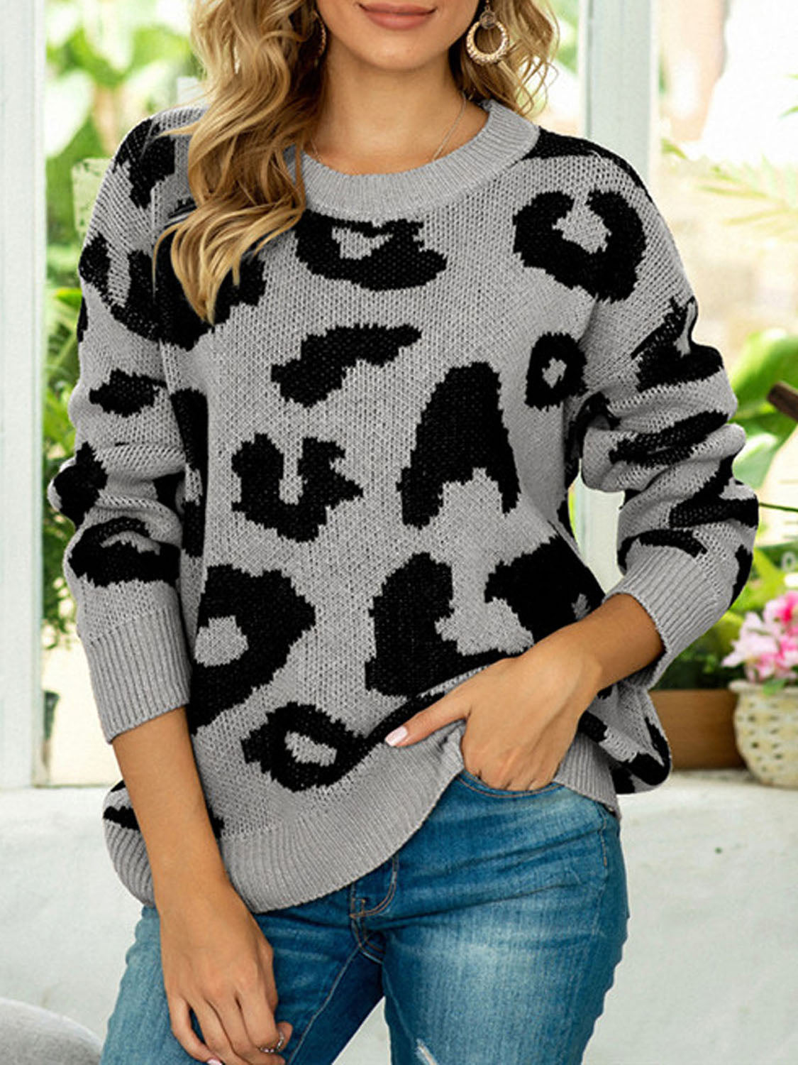 Drop Shoulder Leopard Pullover Sweater Trendsi
