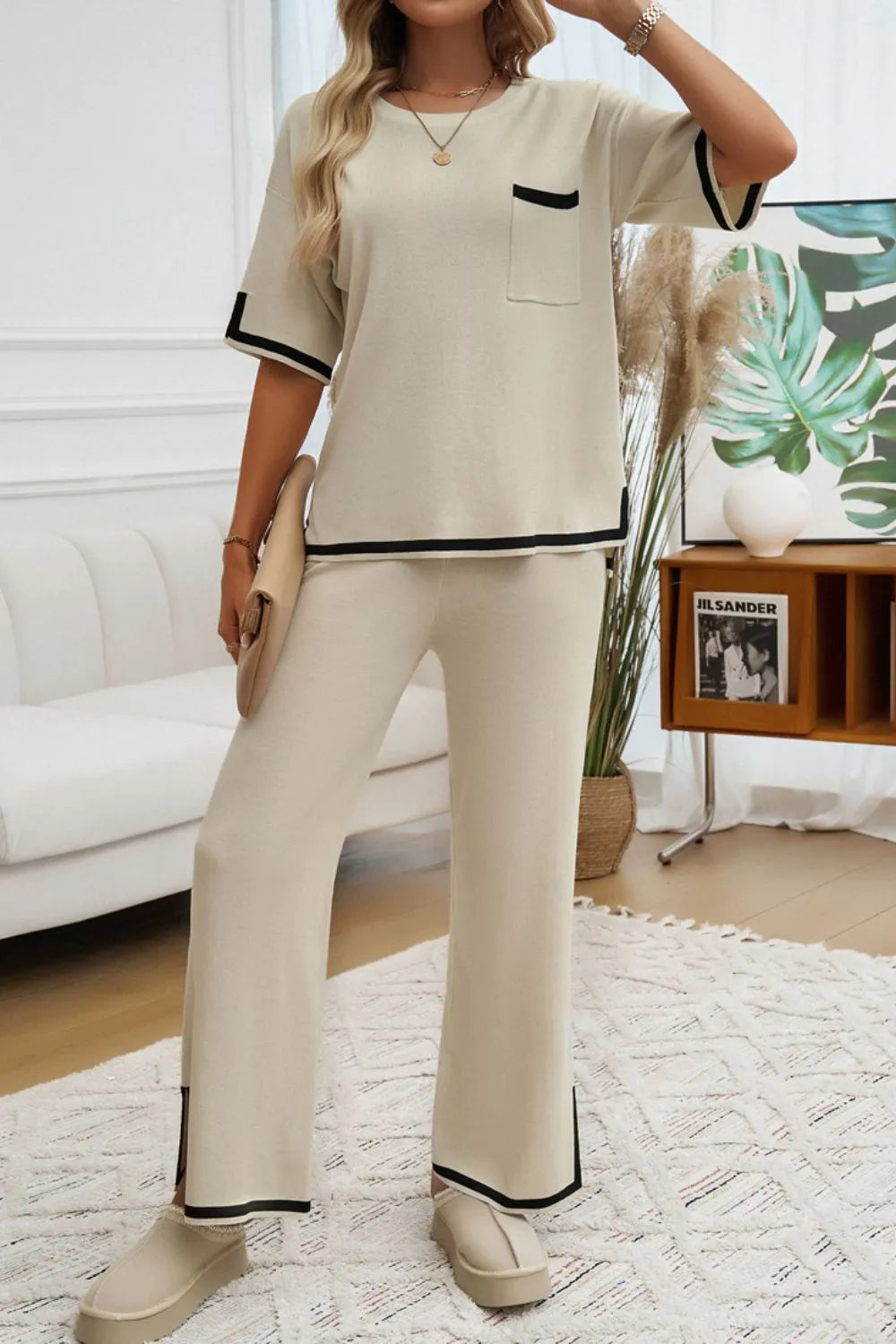 Devine Contrast Trim Half Sleeve Top and Pants Set Trendsi