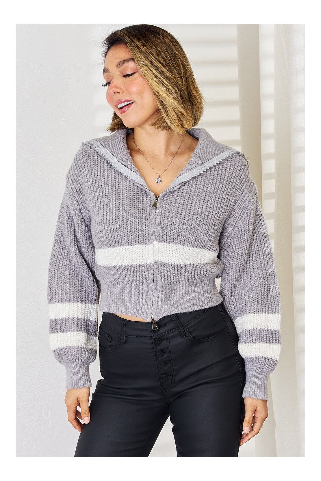 Striped Zip Up Dropped Shoulder Cardigan nicholesgifts