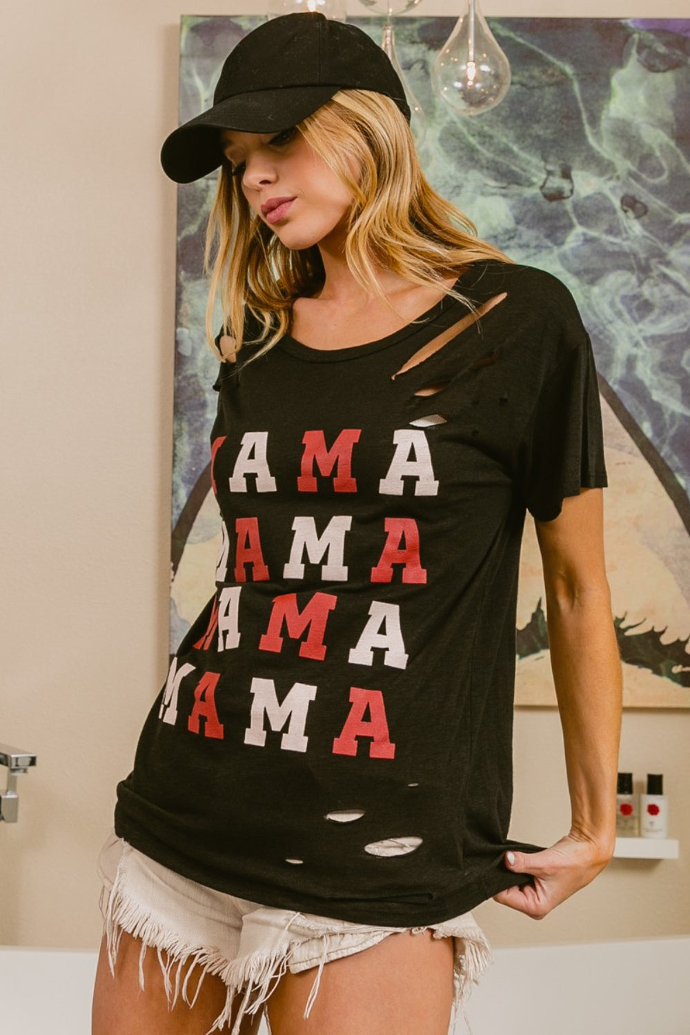 Women BiBi Mama Graphic Distressed Short Sleeve T-Shirt