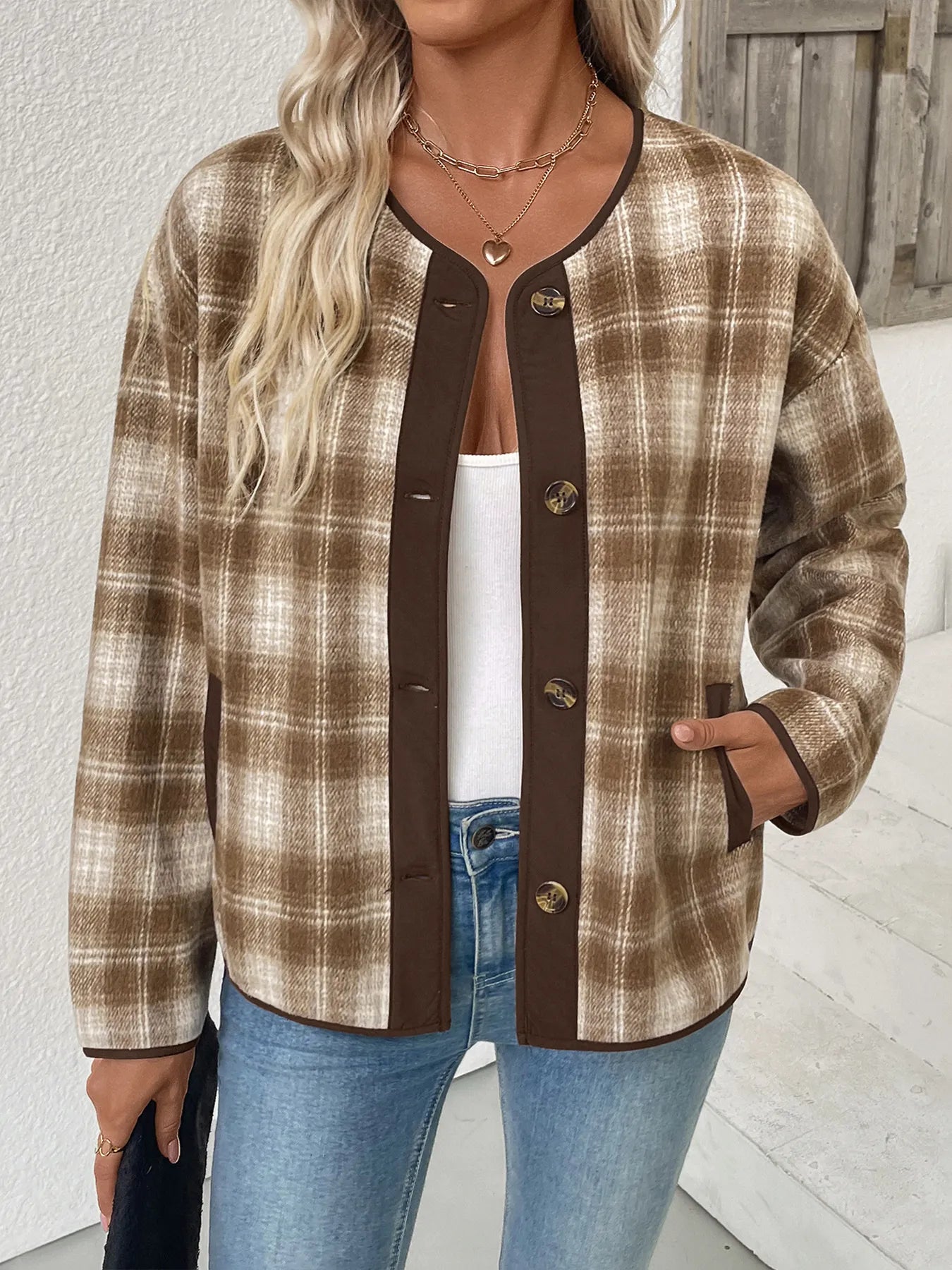 Plaid Long Sleeve Button-Up Jacket Trendsi