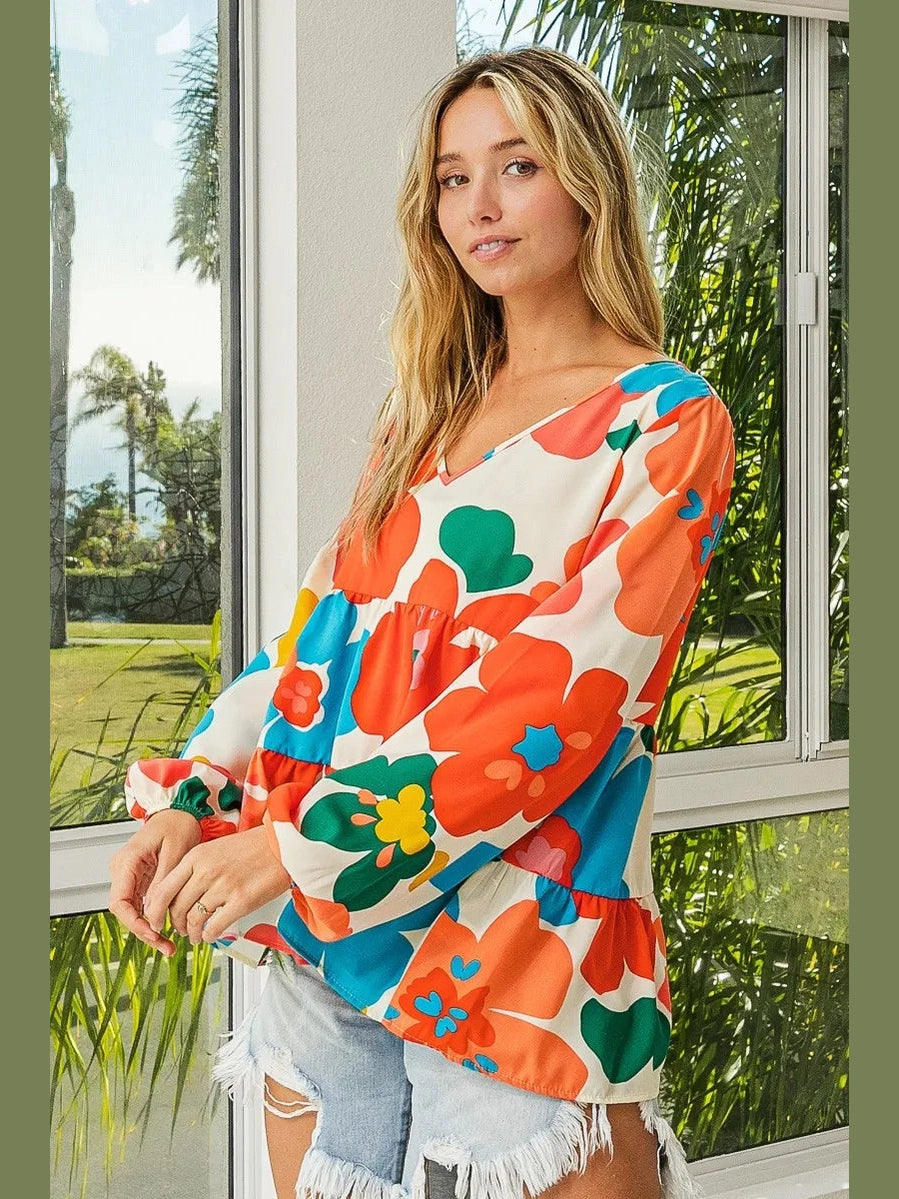 BiBi Floral Woven Tiered V Neck Top