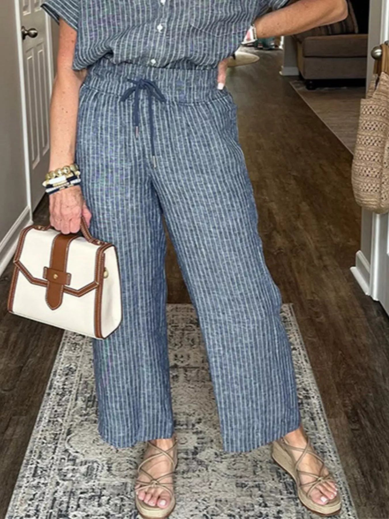 Full Size Striped Button-Up Shirt and Wide Leg Pants Casual Set Plus Size Trendsi