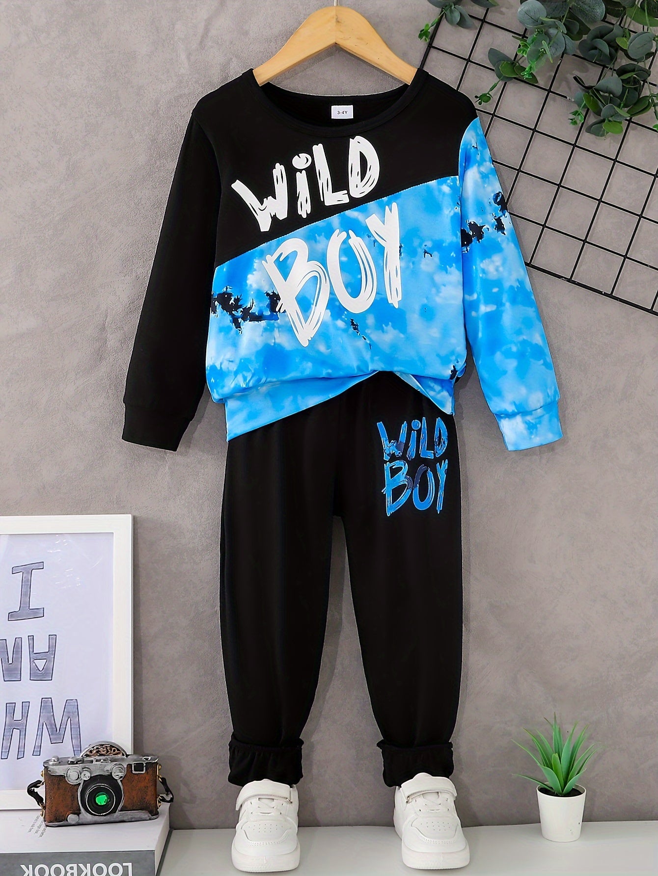 2pcs Tie Dye Toddler Boy's Street Style Outfit, WILD BOY Print Sweatshirt & Sweatpants Set for Spring Fall Daily & Outdoor Wear NicholesGifts