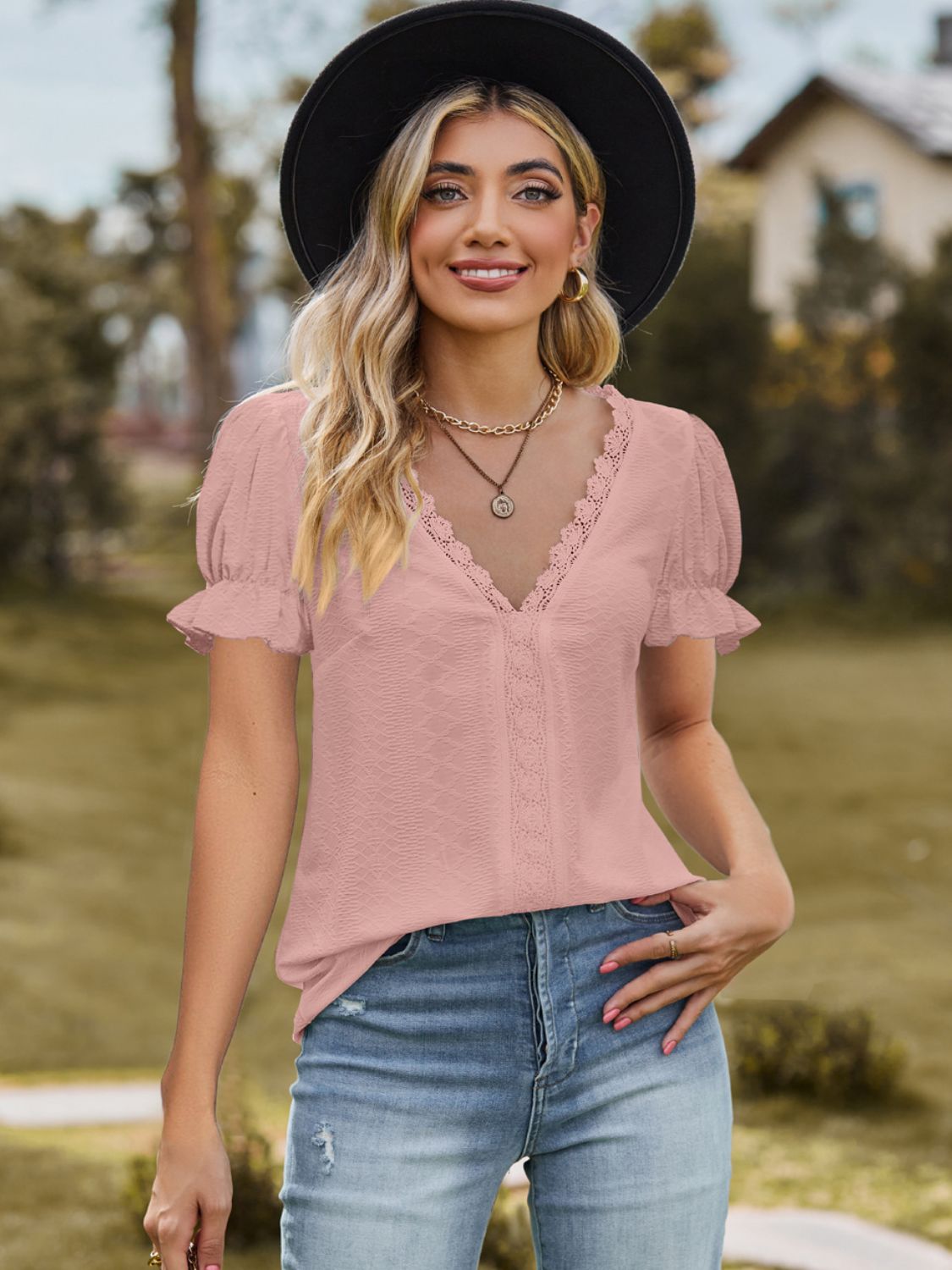 Lace Detail V-Neck Flounce Sleeve Blouse nicholesgifts