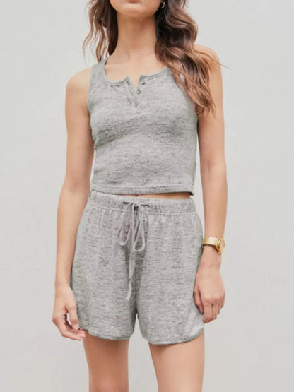 Quarter Button Sleeveless Top and Drawstring Shorts Lounge Set nicholesgifts