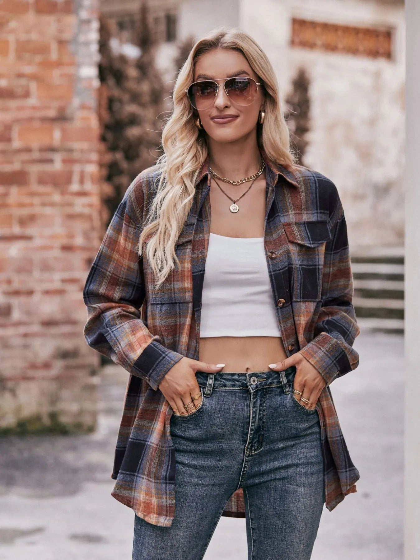 Plaid Button-Down Long Sleeve Shirt Trendsi