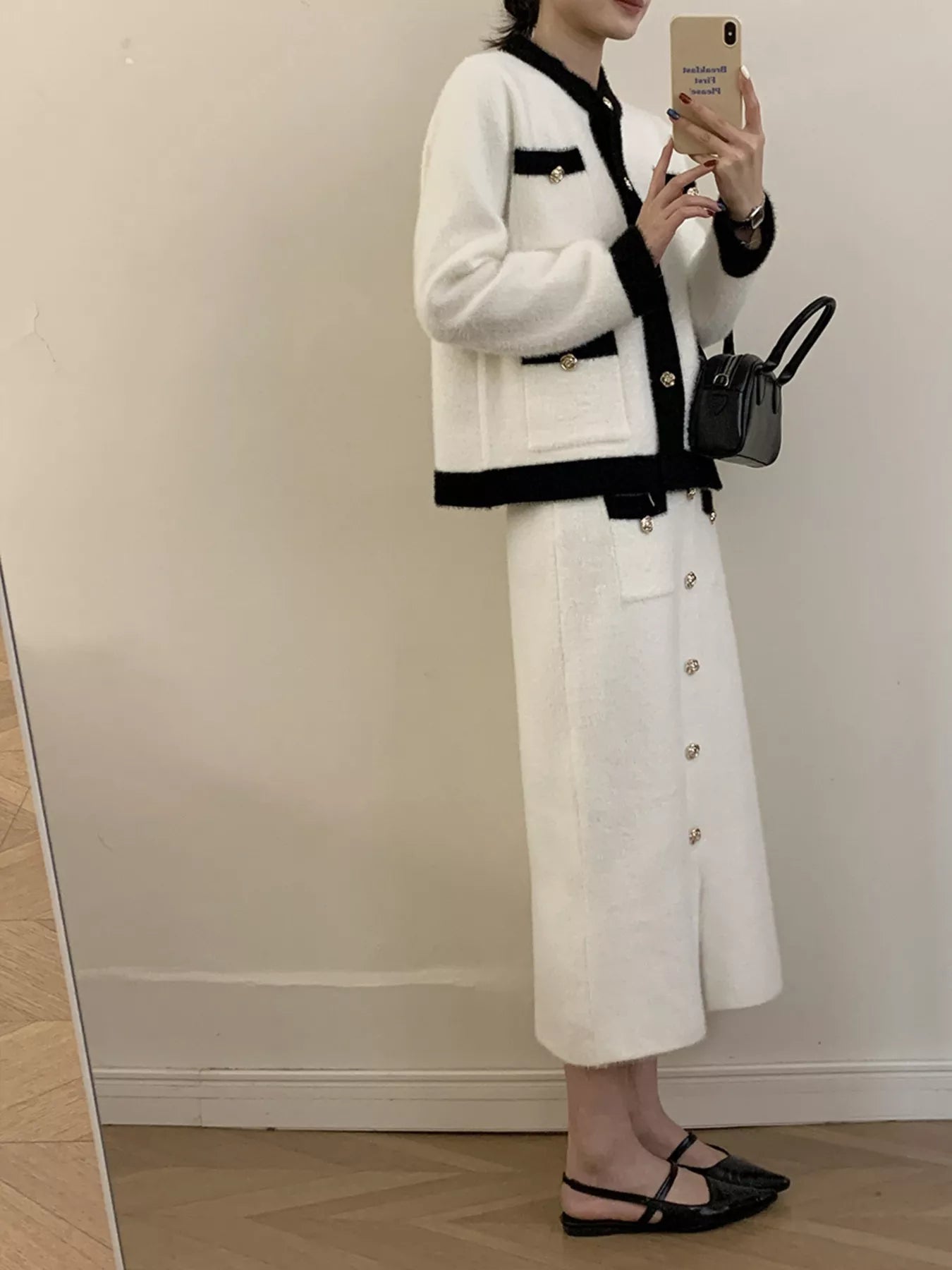 Contrast Trim Jacket and Skirts Sweater Set nicholesgifts