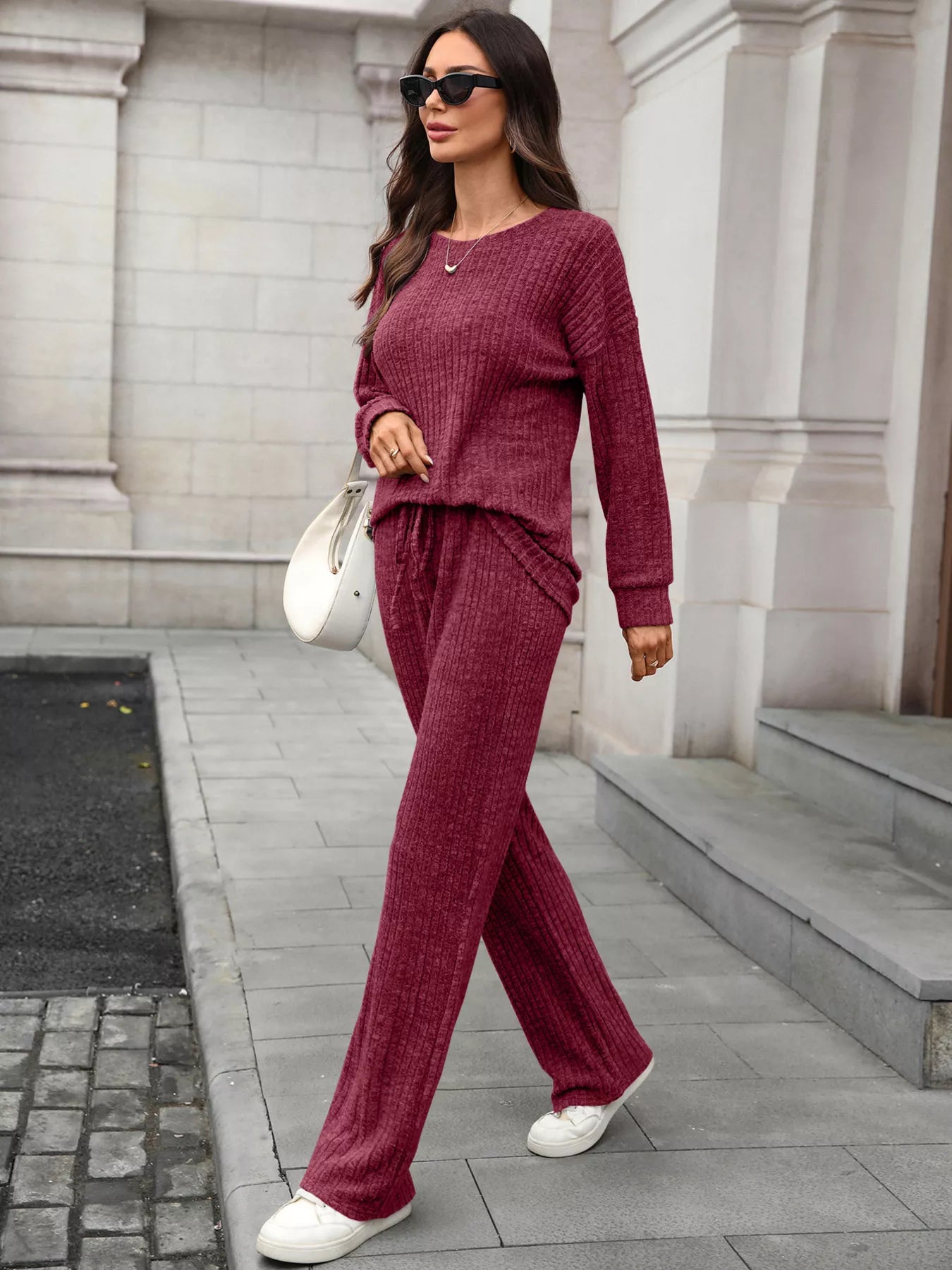 Ribbed Round Neck Top and Pants Set NicholesGifts
