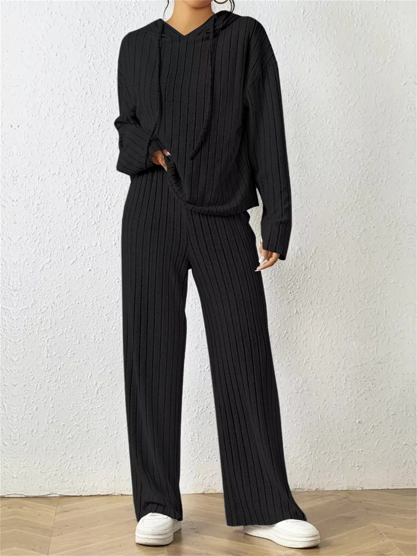 Ribbed Drawstring Hoodie and Pants Set Trendsi