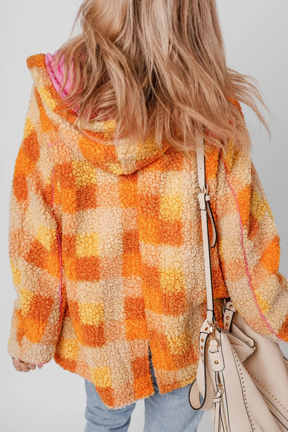 Checkered Long Sleeve Sherpa Hooded Jacket Trendsi