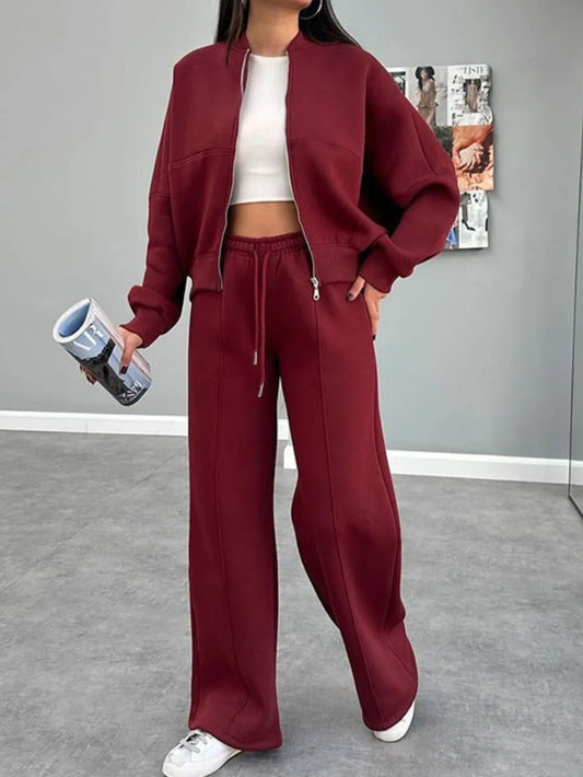 Baseball Collar Zip Up Outerwear and Drawstring Pants Set nicholesgifts