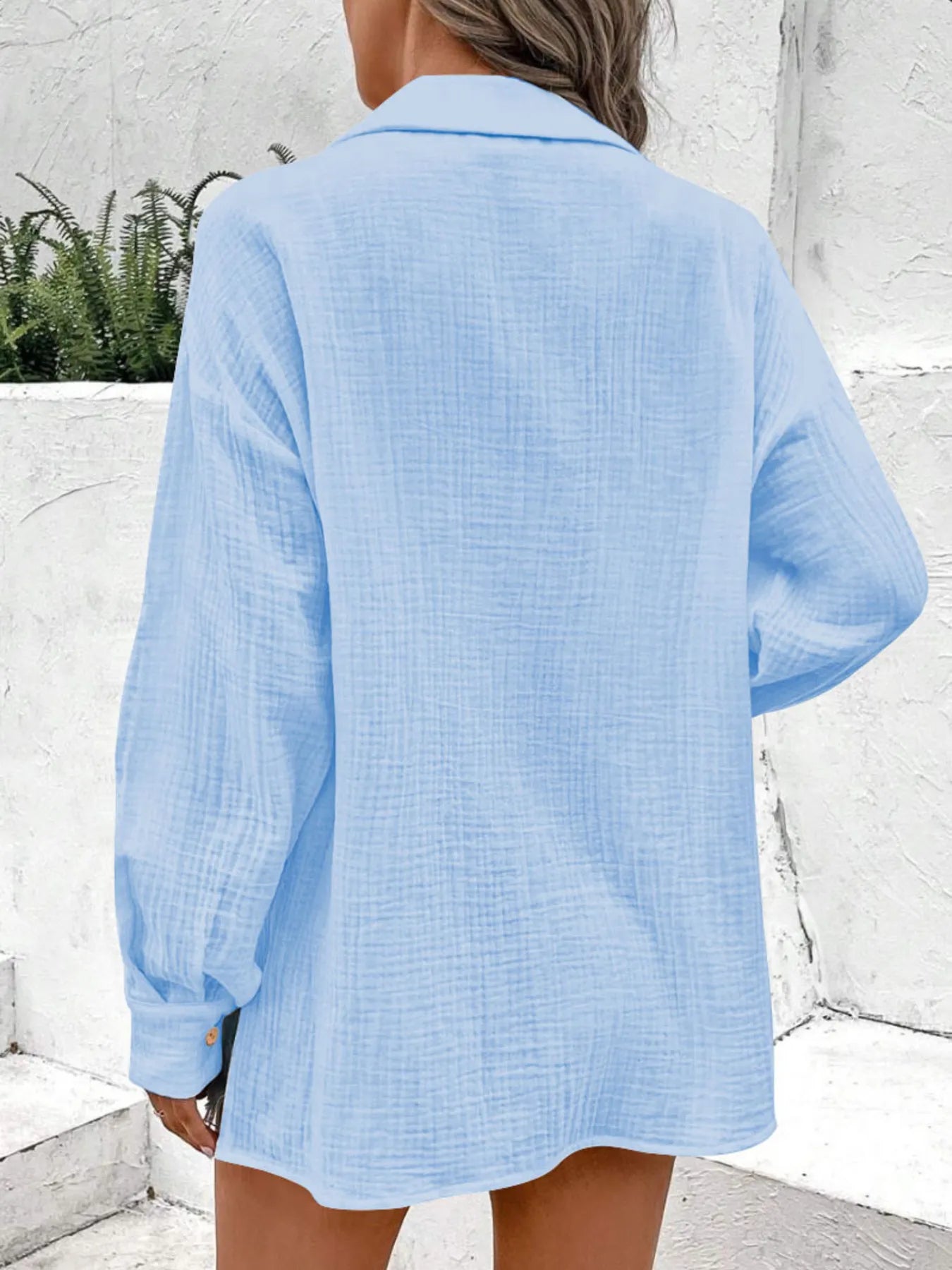 Texture Button Down Side Slit Long Sleeve Shirt NicholesGifts