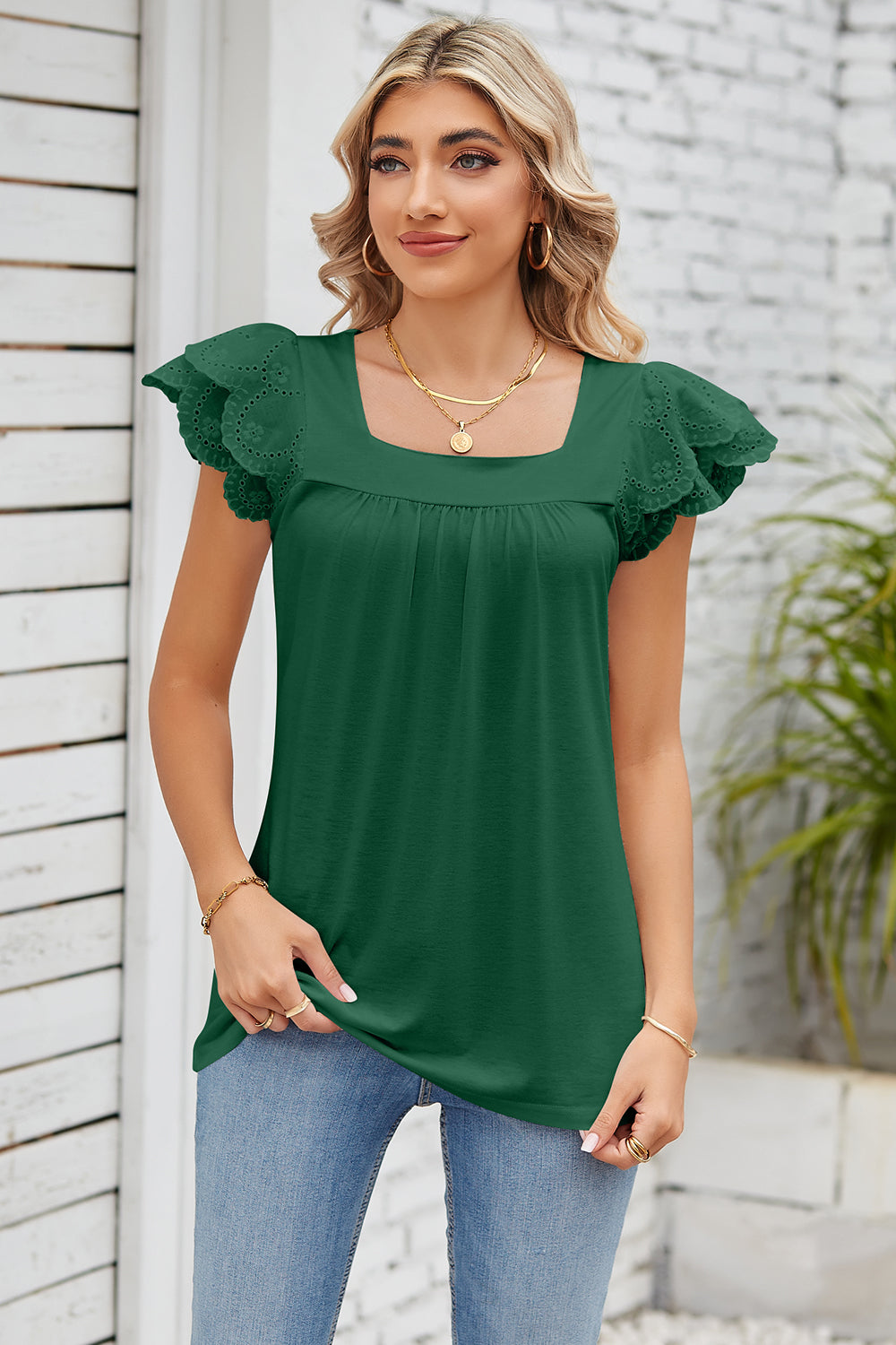 Eyelet Square Neck Cap Sleeve Blouse nicholesgifts