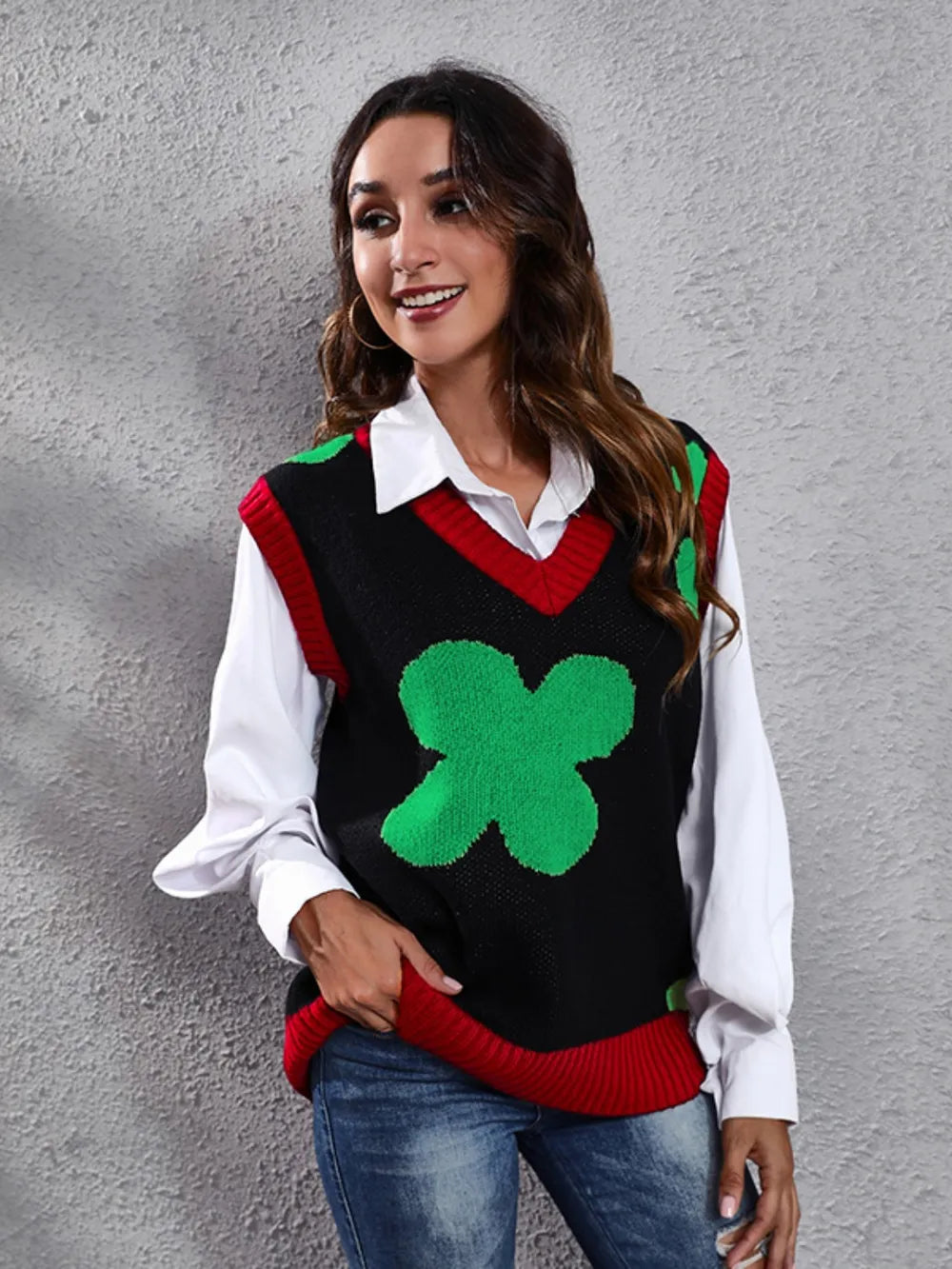 Four Leaf Clover V-Neck Sweater Vest Trendsi