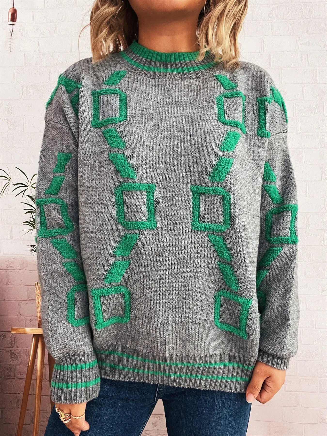Contrast Round Neck Long Sleeve Sweater