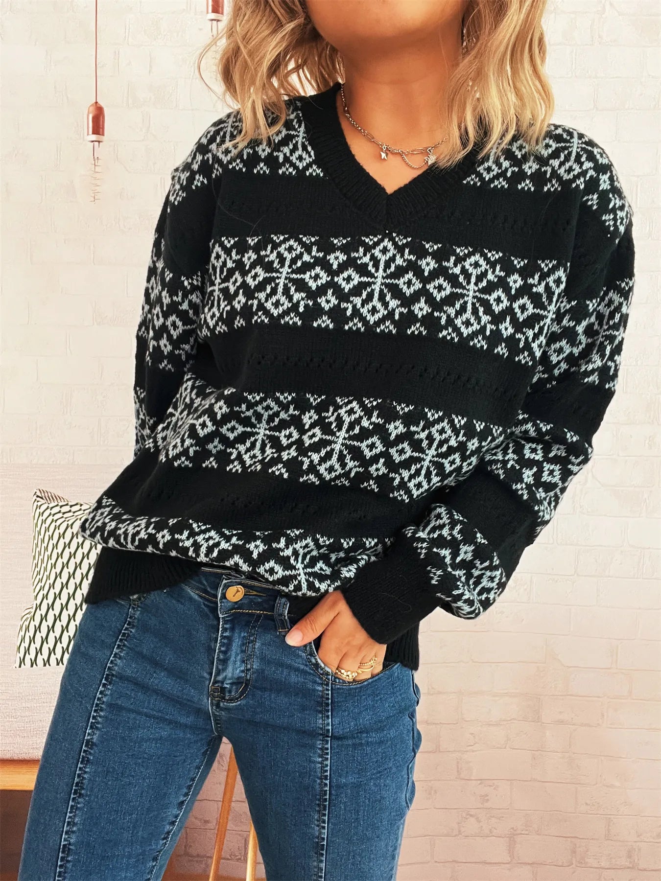 Contrast Ribbed hem Long Sleeve Sweater