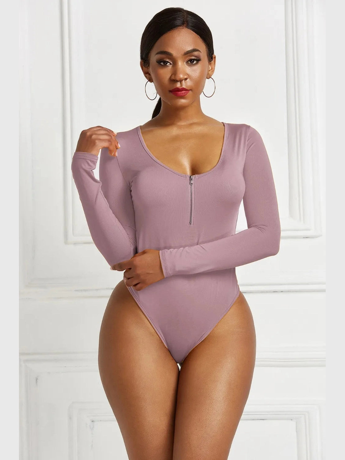 Half Zip Scoop Neck Long Sleeve Bodysuit nicholesgifts