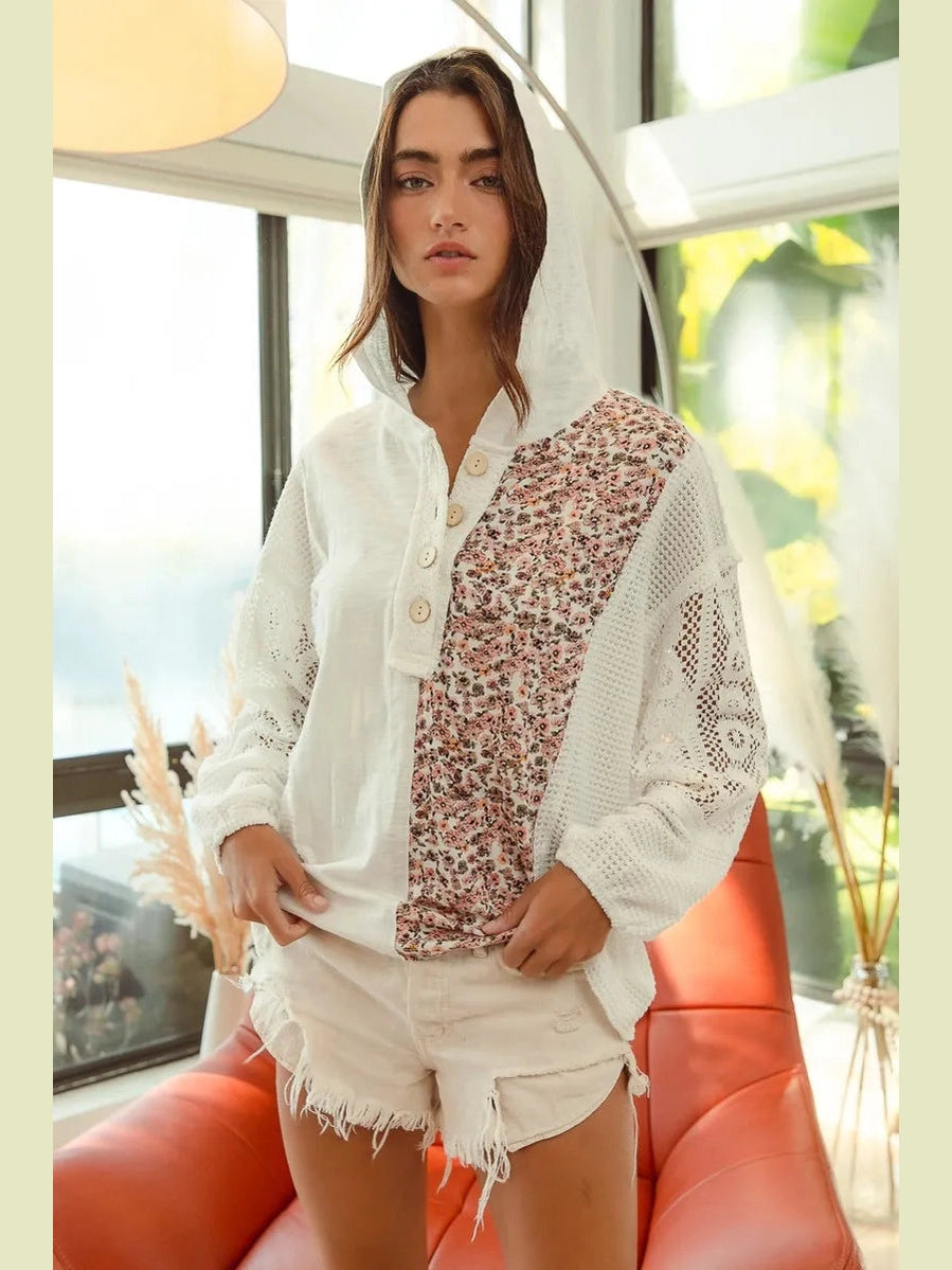 BiBi Slub Jersey with Lace Combo Buttoned Hoodie Top