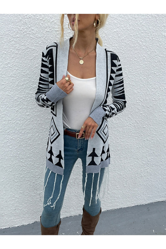 Geometric Fringe Hem Open Front Cardigan nicholesgifts