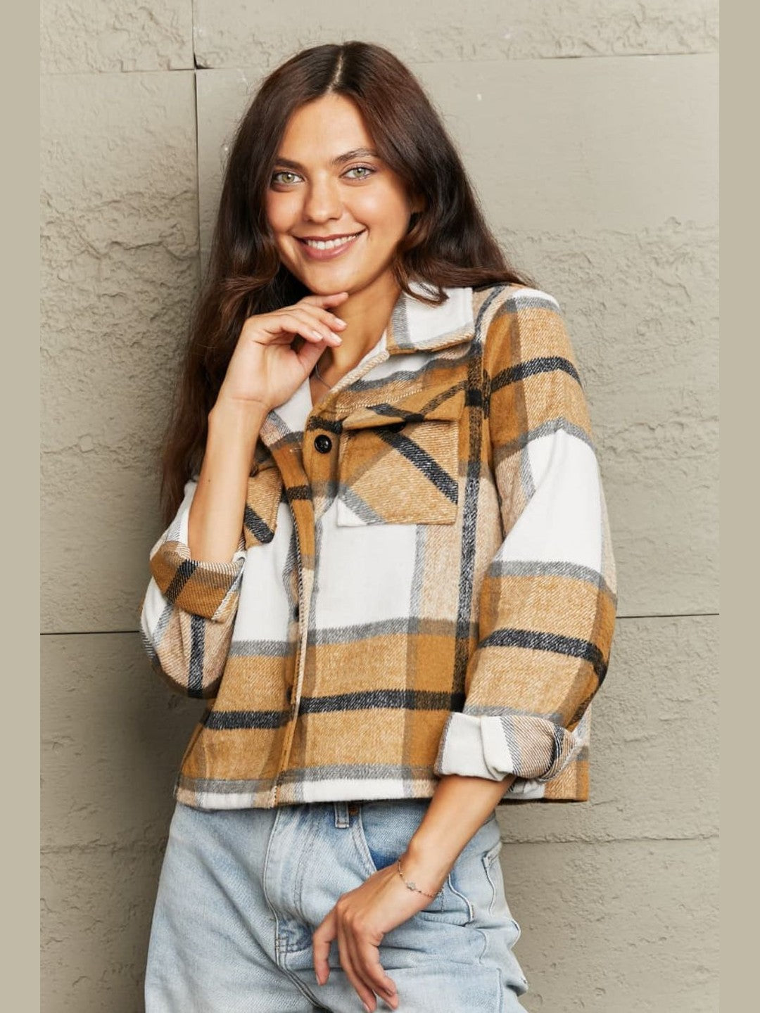 Plaid Collared Neck Jacket with Breast Pockets nicholesgifts