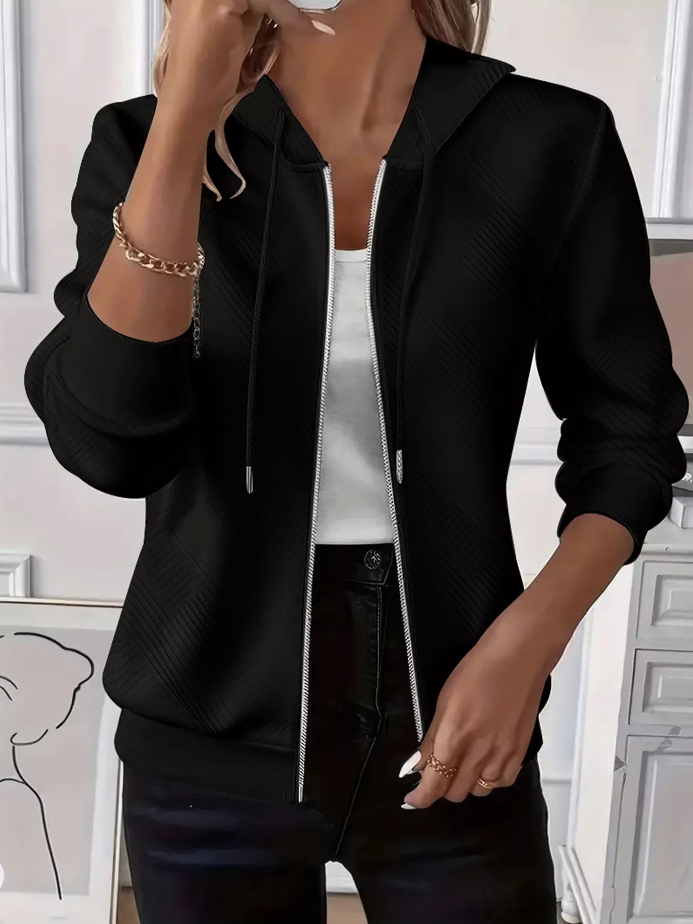 Texture Zip-Up Hoodie with Drawstring NicholesGifts