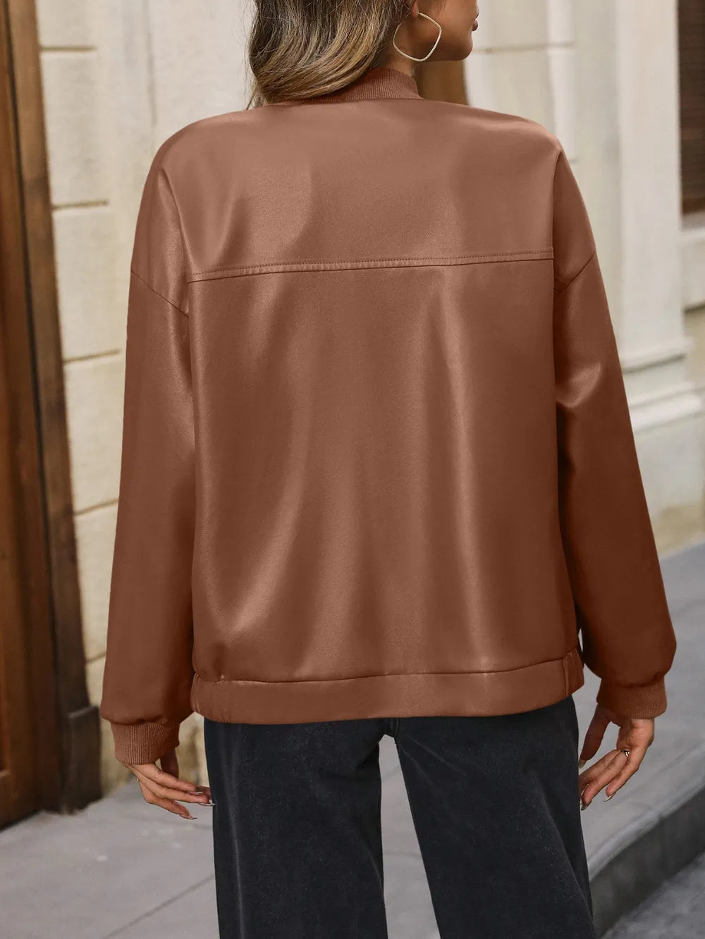 Ivy Lane Zip Up Baseball Collar Dropped Shoulder Jacket nicholesgifts